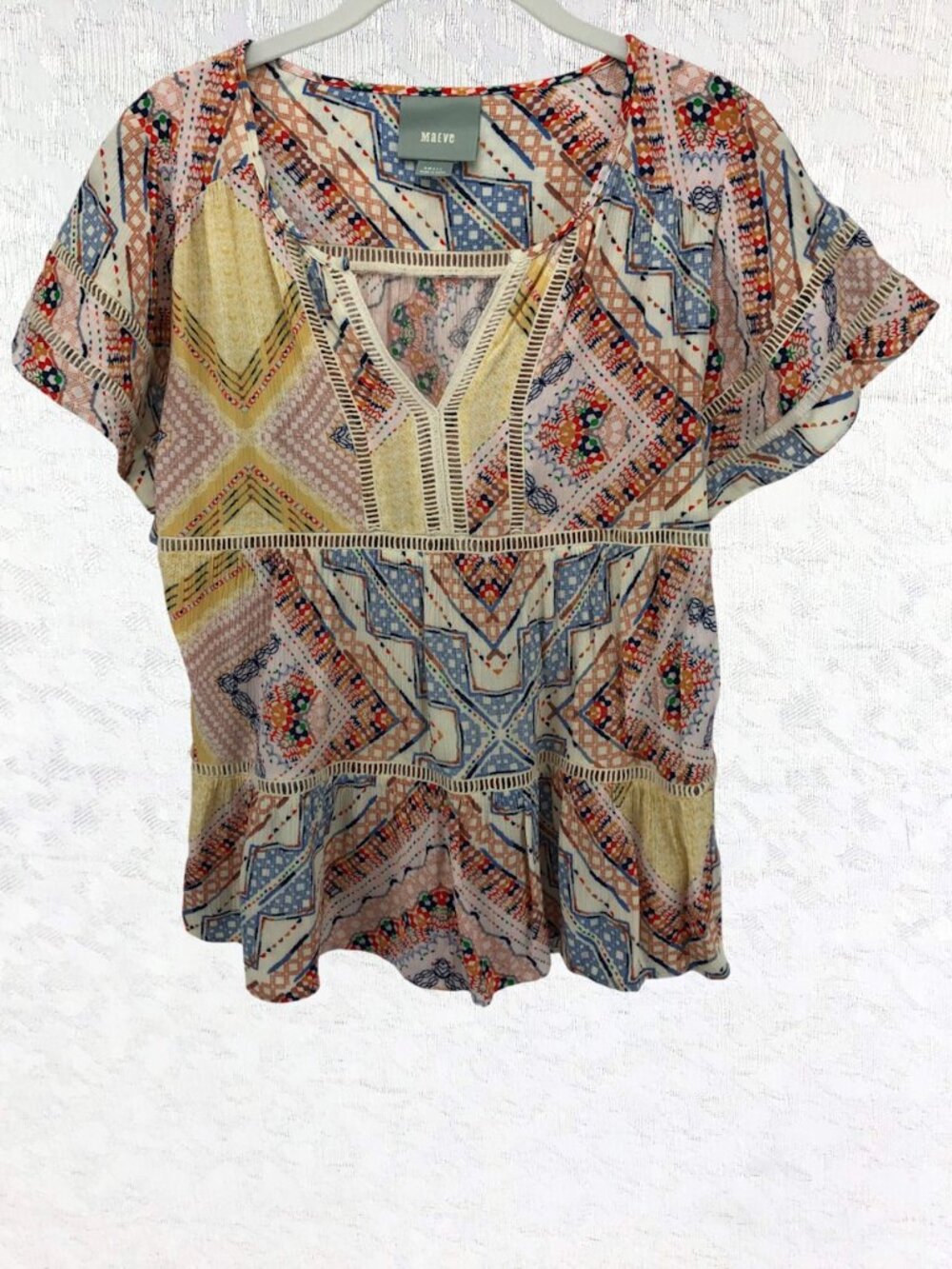 Maeve by Anthropologie Cream Boho Top with Short Flutter Sleeves Size S